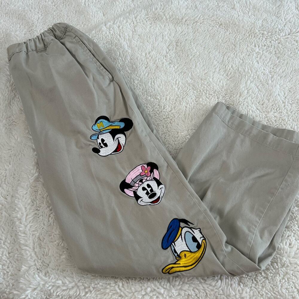 Vtg Disney Khaki Drawstring Pants 38 Embroidered Fun Streetwear Granola Tomato